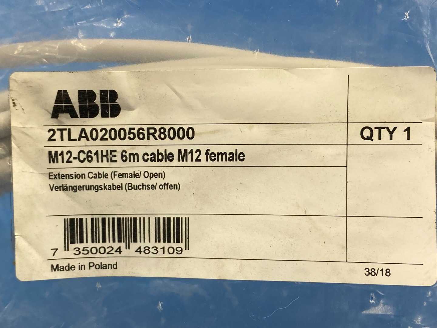 ABB 2TLA020056R8000, M12-C61HE- 6m Cable M12 Female Extension Cable (Female/Open)