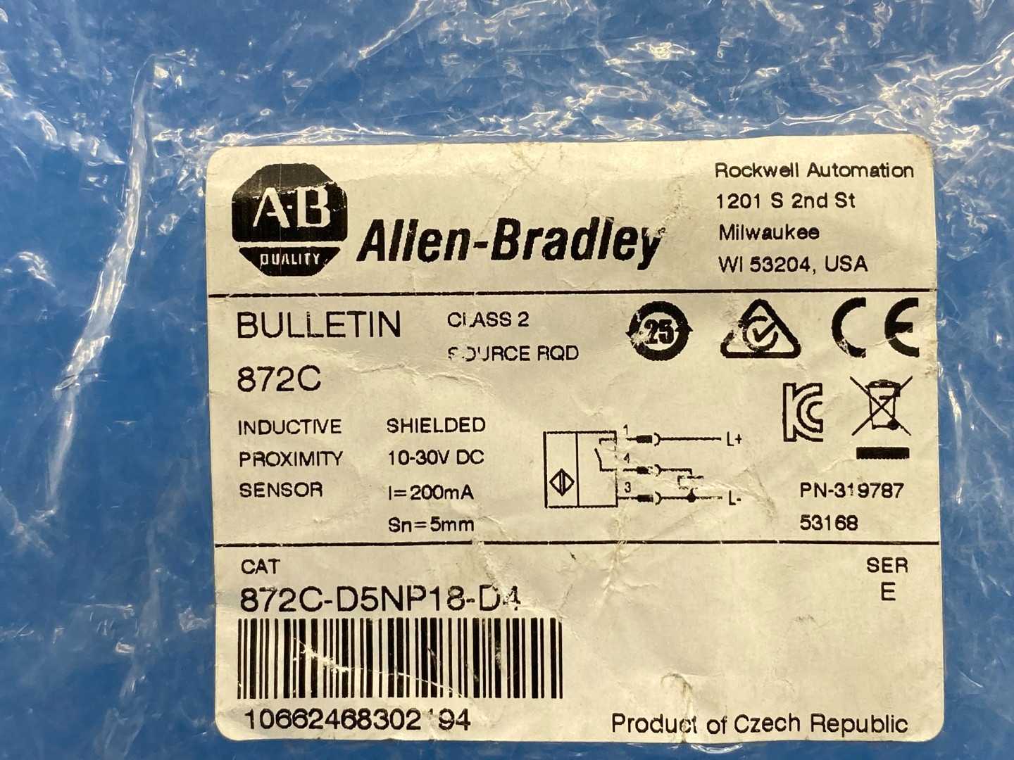 Allen-Bradley 872C-D5NP18-D4, 10-30VDC 200mA Class 2 Source Rod Series E 18 mm Barrel Inductive Proximity Sensor