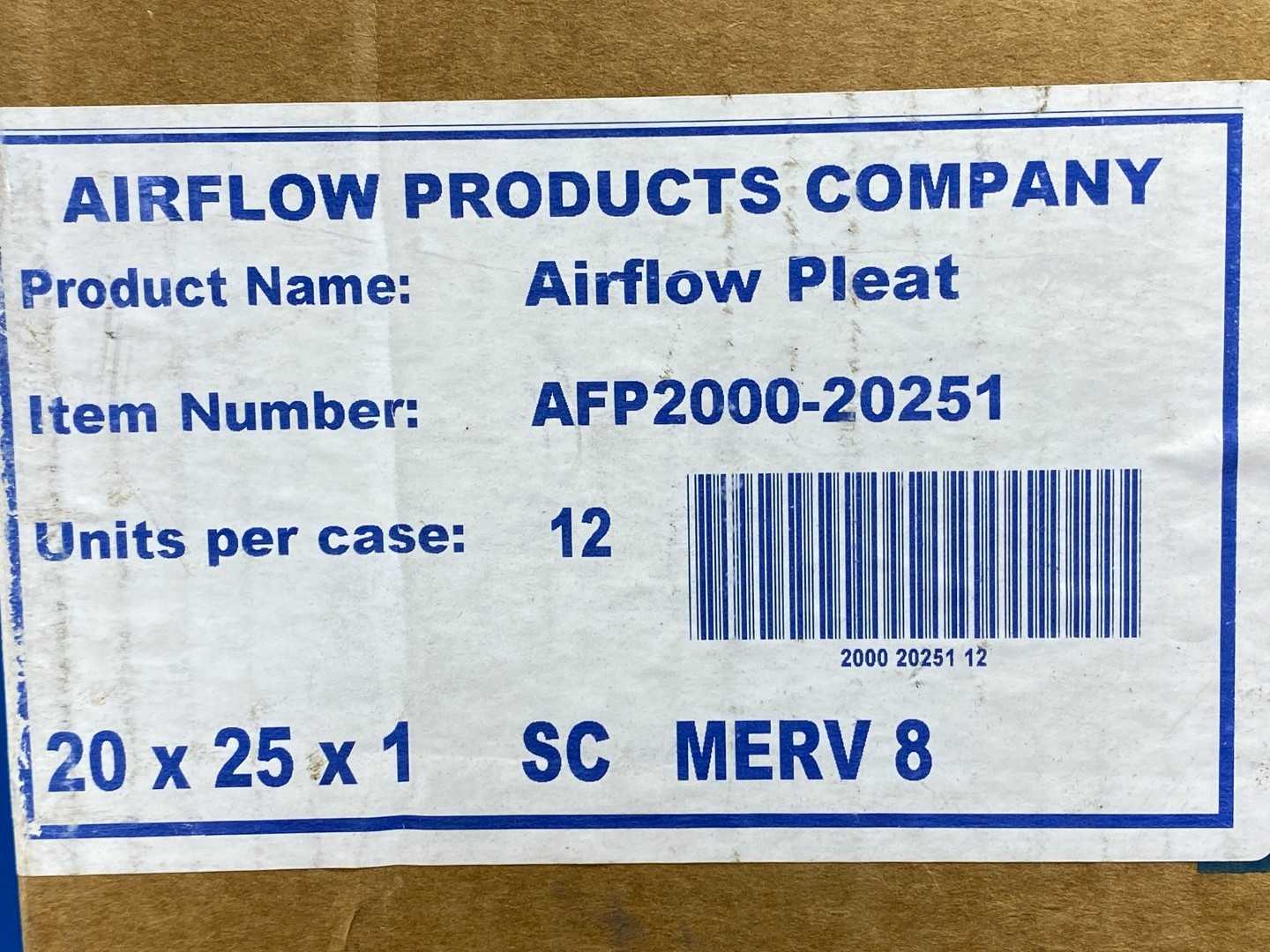 Airflow Products Company AFP2000-20251 Airflow Pleated Filter 20" x 25" x 1" Merv 8