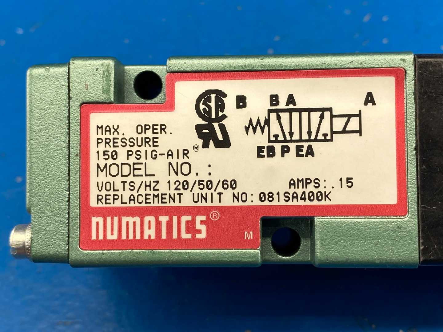 Numatics 081SA400K Pneumatic Solenoid Air Control Valve, 1/4" 120 VAC .15Amps 4-Way 2-Position 150PSIG-AIR