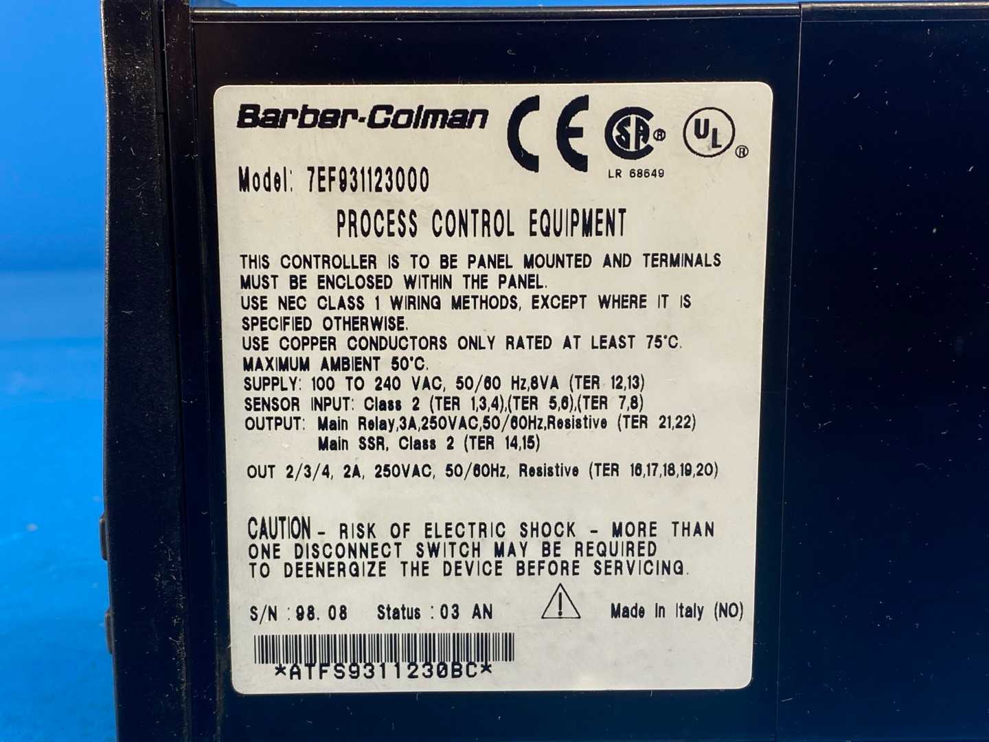 Barber Colman ATFS9311230BC (7EF931123000) 1/8 DIN Vertical Digital Temperature Process Controller