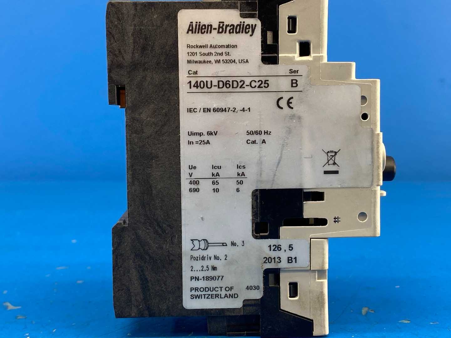 Allen-Bradley 140U-D6D2-C25 Molded Case Circuit Breaker 25A 277/480V Uimp. 6kV 50/60Hz IEC / EN 60947-2-4-1 Series A