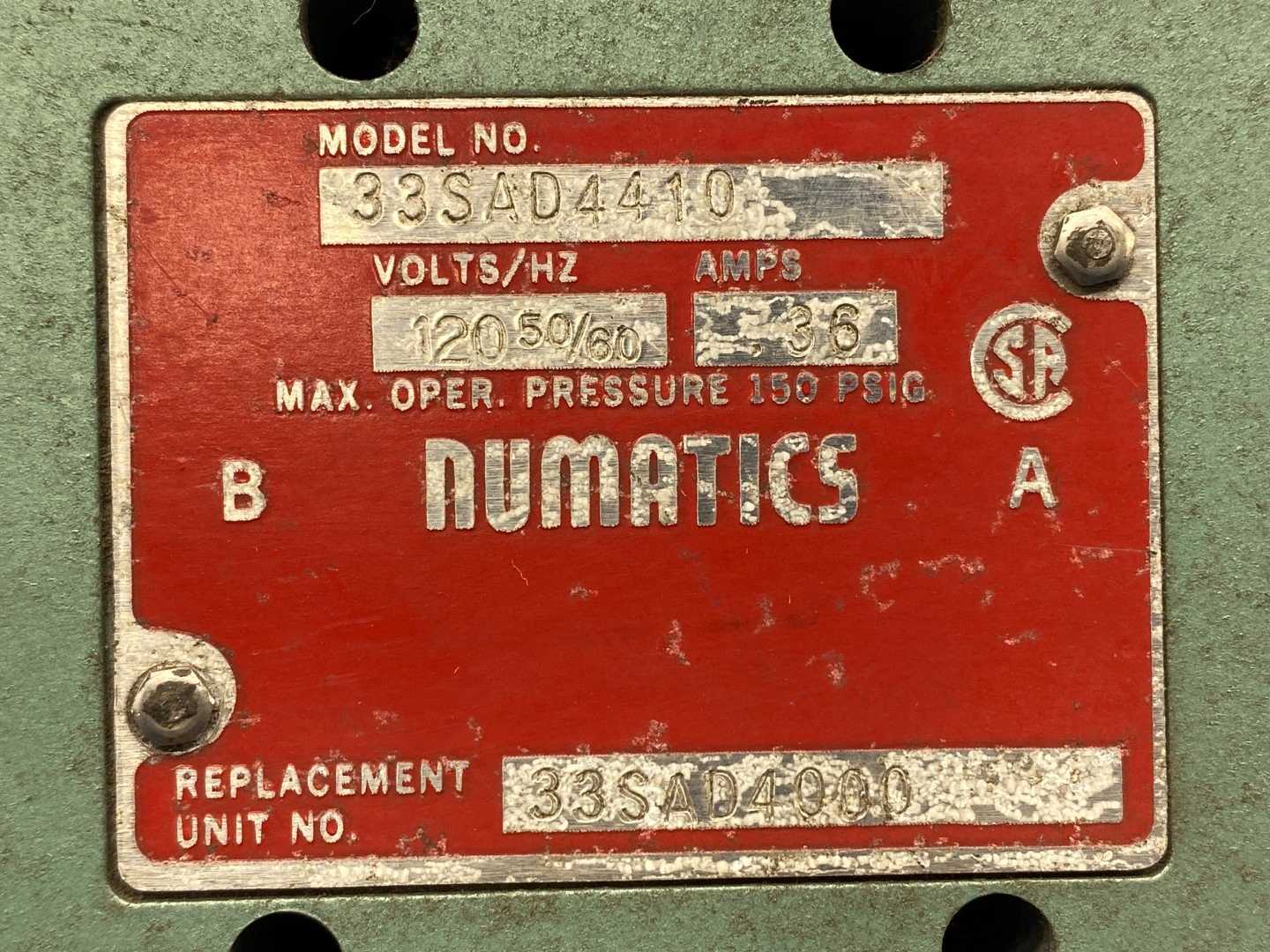 Numatics 33SAD4410 Pneumatic Solenoid Valve 120VAC .36Amps, 150PSIG. Unit Replacement no. 33SAD4000