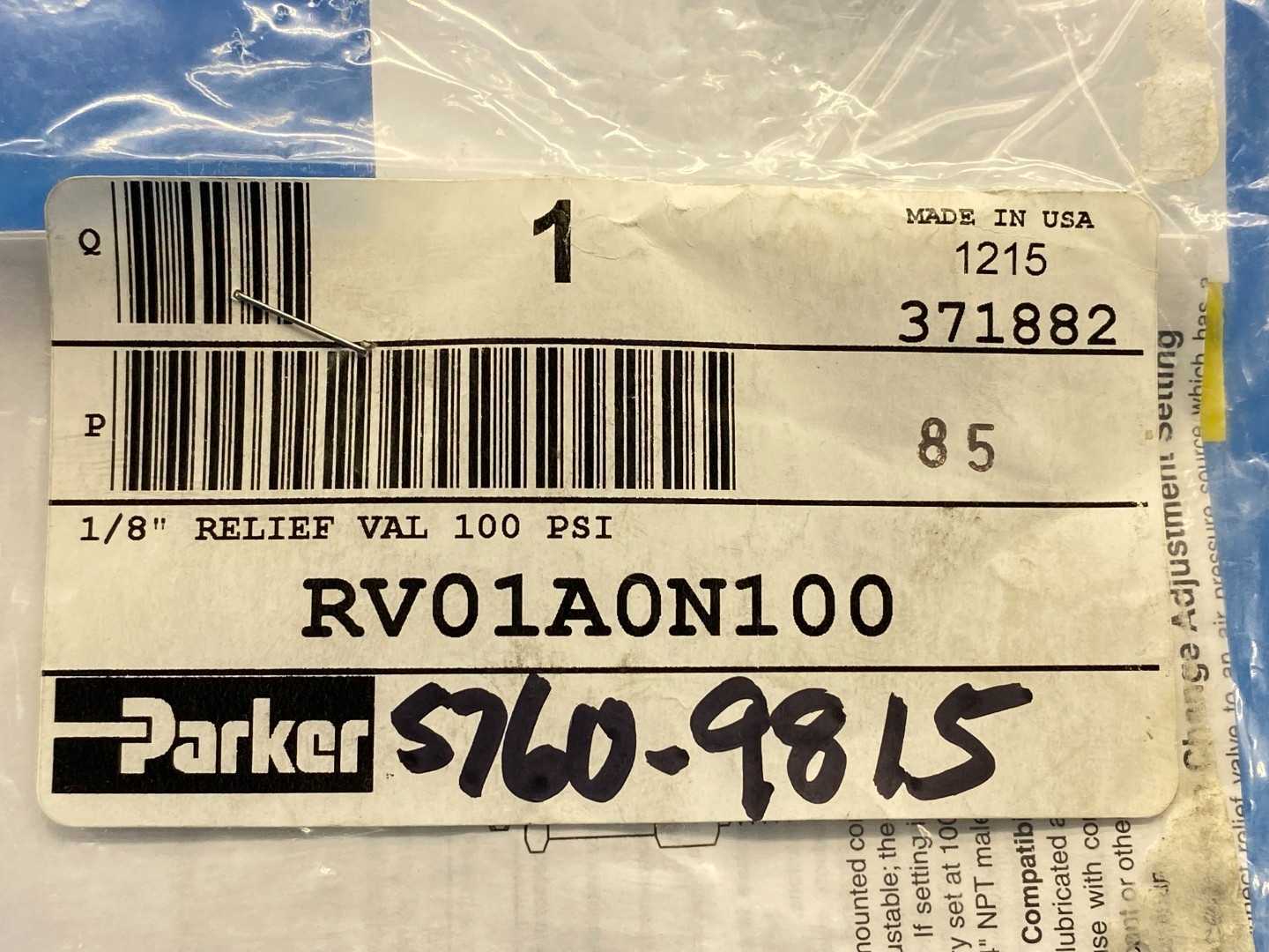 Parker RV01A0N100 1/8" NPT Male P=50-200PSI Compact Relief Valve