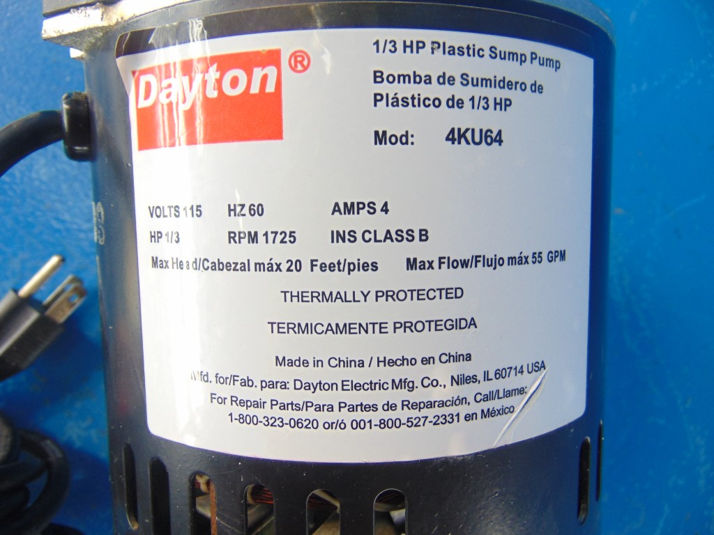 DAYTON 4KU64 PLASTIC SUMP PUMP, 1/3HP 60HZ 115V 1725 RPM
