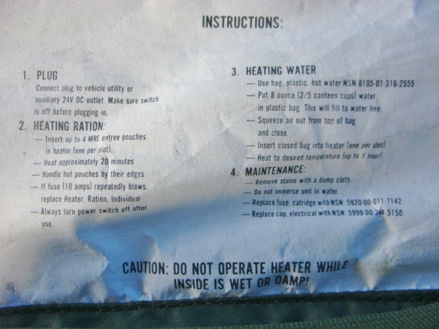 Military Individual Troop MRE Meal Ready to Eat Ration Heater 24 Volt