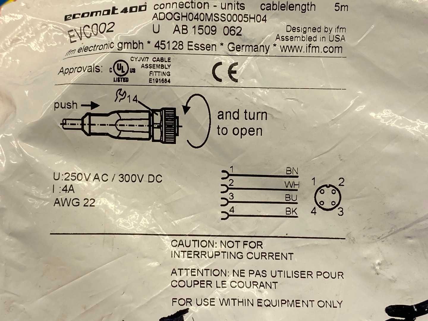 IFM Electronic ADOGH040MSS0005H04 EVC002, Ecomat4000 Female Cord set 5 Meter PUR-Cable; M12 Connector