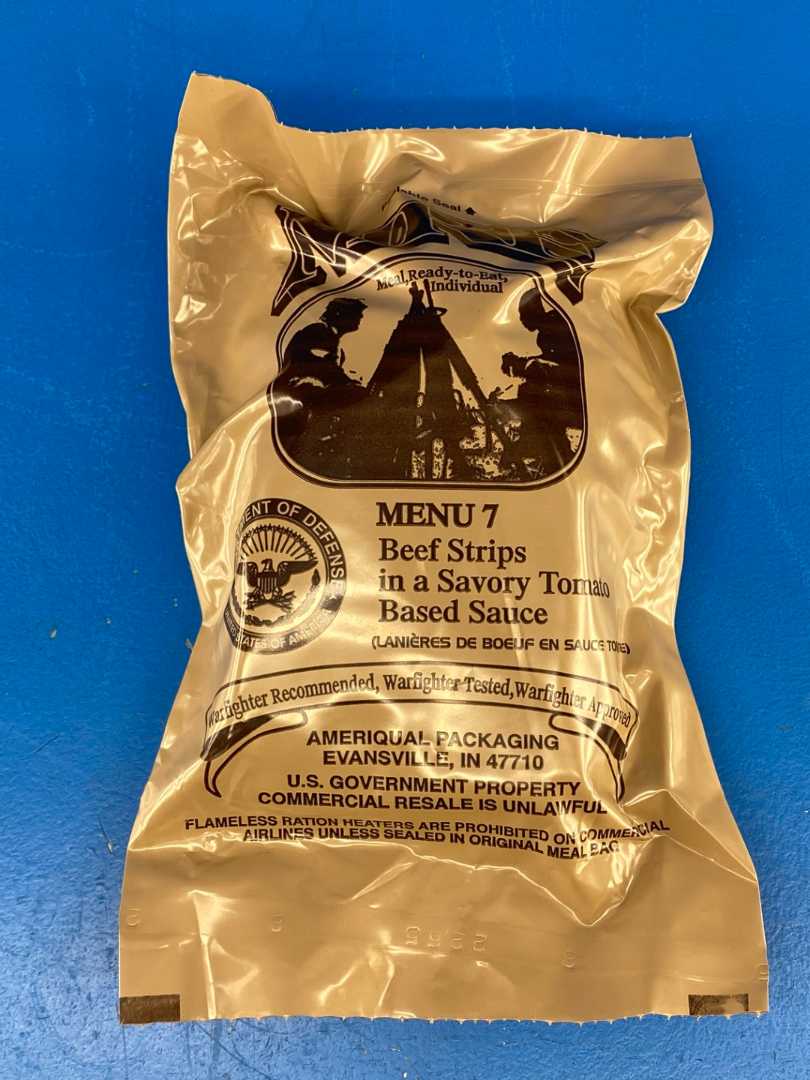 MRE Meal 2025, Ready-to-Eat Menu 7 Beef Strips in a Savory Tomato Based Sauce