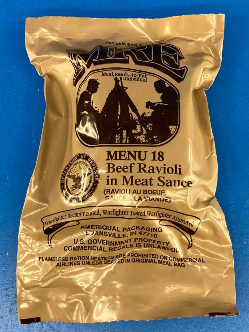 MRE Meal 2025, Ready-to-Eat Menu 18 Beef Ravioli in Meat Sauce