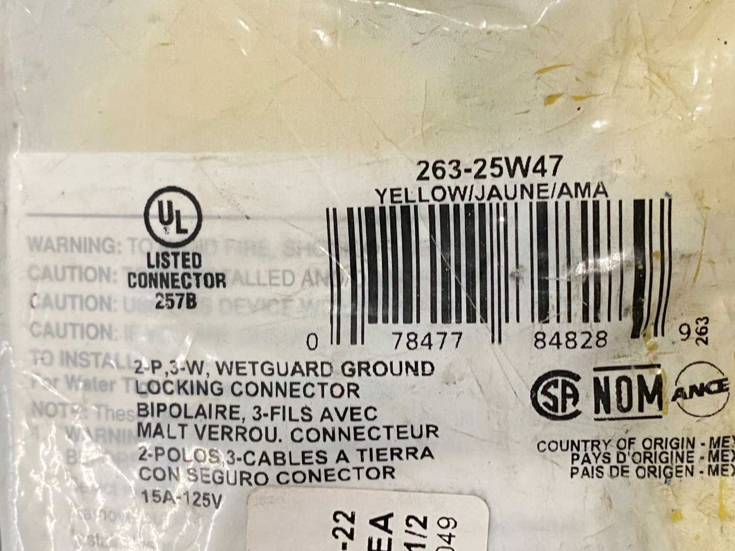 Leviton 263-25W47 Wetguard Watertight Locking Connector Yellow, 15A, 125V NEMA L5-15R, 2P, 3W
