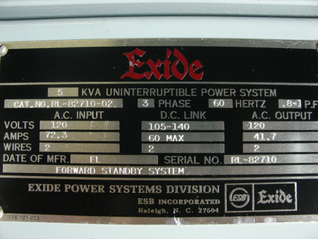 EXIDE 5KVA UPS RL-82710-02 AC 105-140 DC 120V out