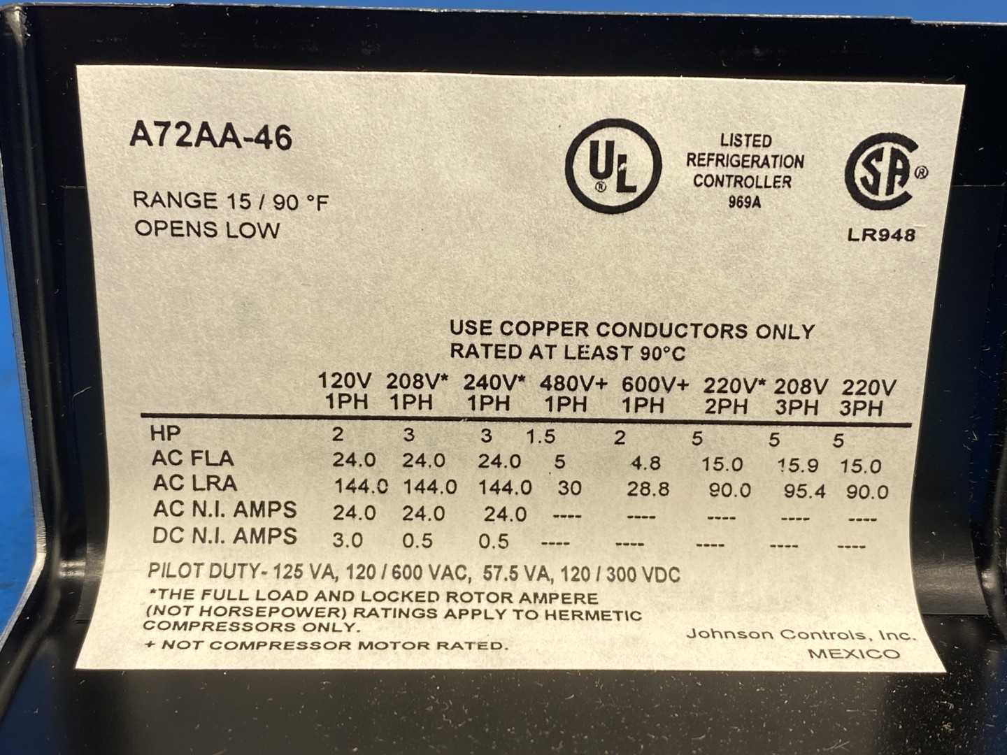 PENN A72AA-46 Coiled Bulb Space Thermostat Range 15 / 90Â°F 120 - 600V AC