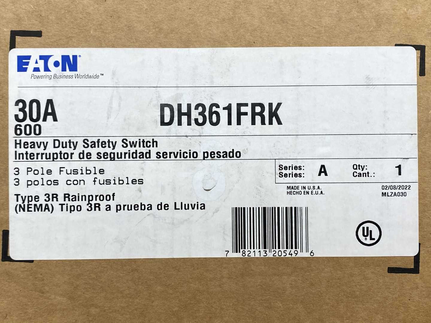 Eaton Heavy Duty Safety Switch DH361FRK 30A Type 3R (Rainproof) 3-Pole