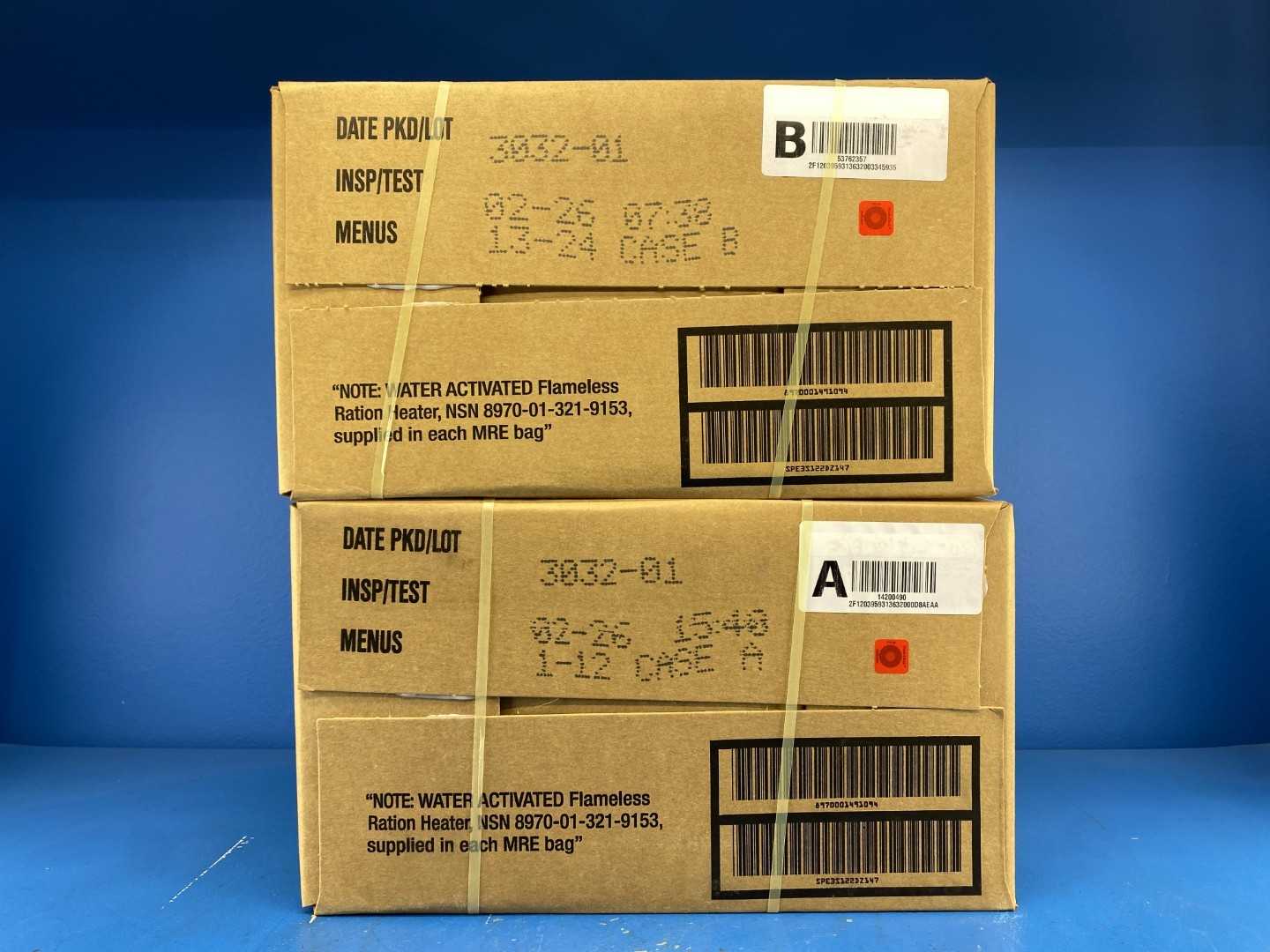 02.26 MRE Pallet FREE SHIP U.S. Military MRE - Case A&B MRE 48 Cases (12 meals per case) Ready to Eat Meals