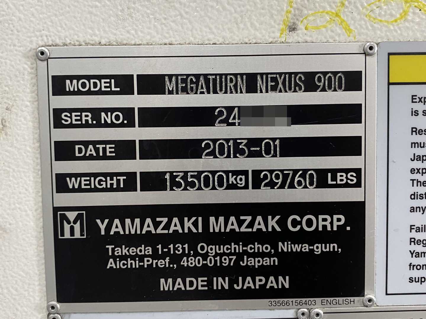 PARTS UNIT Mazak Megaturn Nexus 900 CNC Vertical Turning Center (VTC) Mazatrol Matrix Nexus 36" Table, 39.37" Swing, 36.22" Turning Diameter, 31.50" Turning Height