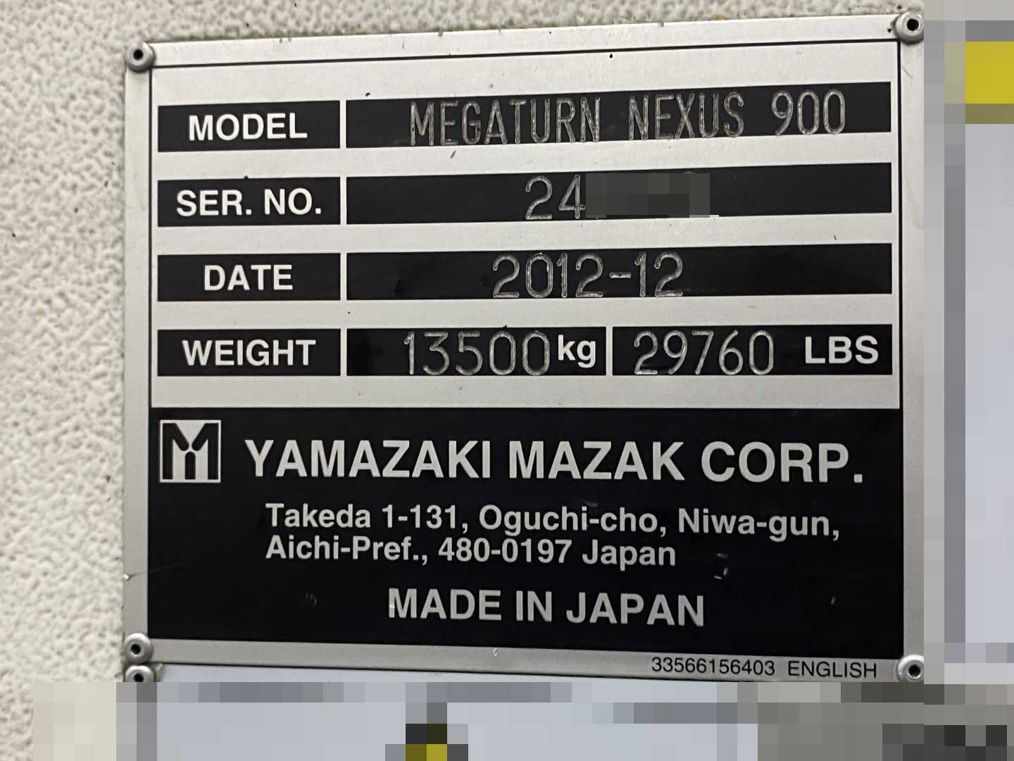 Mazak Megaturn Nexus 900 CNC Vertical Turning Center Mazatrol Matrix Nexus, 25,472 Hours, 2012, 36" Chuck, 39.37" Swing, 36.22" Turn Dia, 31.50" Turn Height, 12-Station Turret