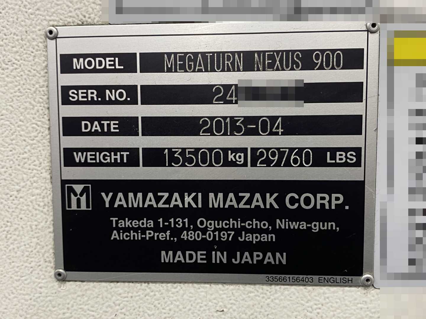 Mazak Megaturn Nexus 900 CNC Vertical Turning Center Mazatrol Matrix Nexus, 18,621 Hours, 2013, 36" Chuck, 39.37" Swing, 36.22" Turn Dia, 31.50" Turn Height, 12-Station Turret