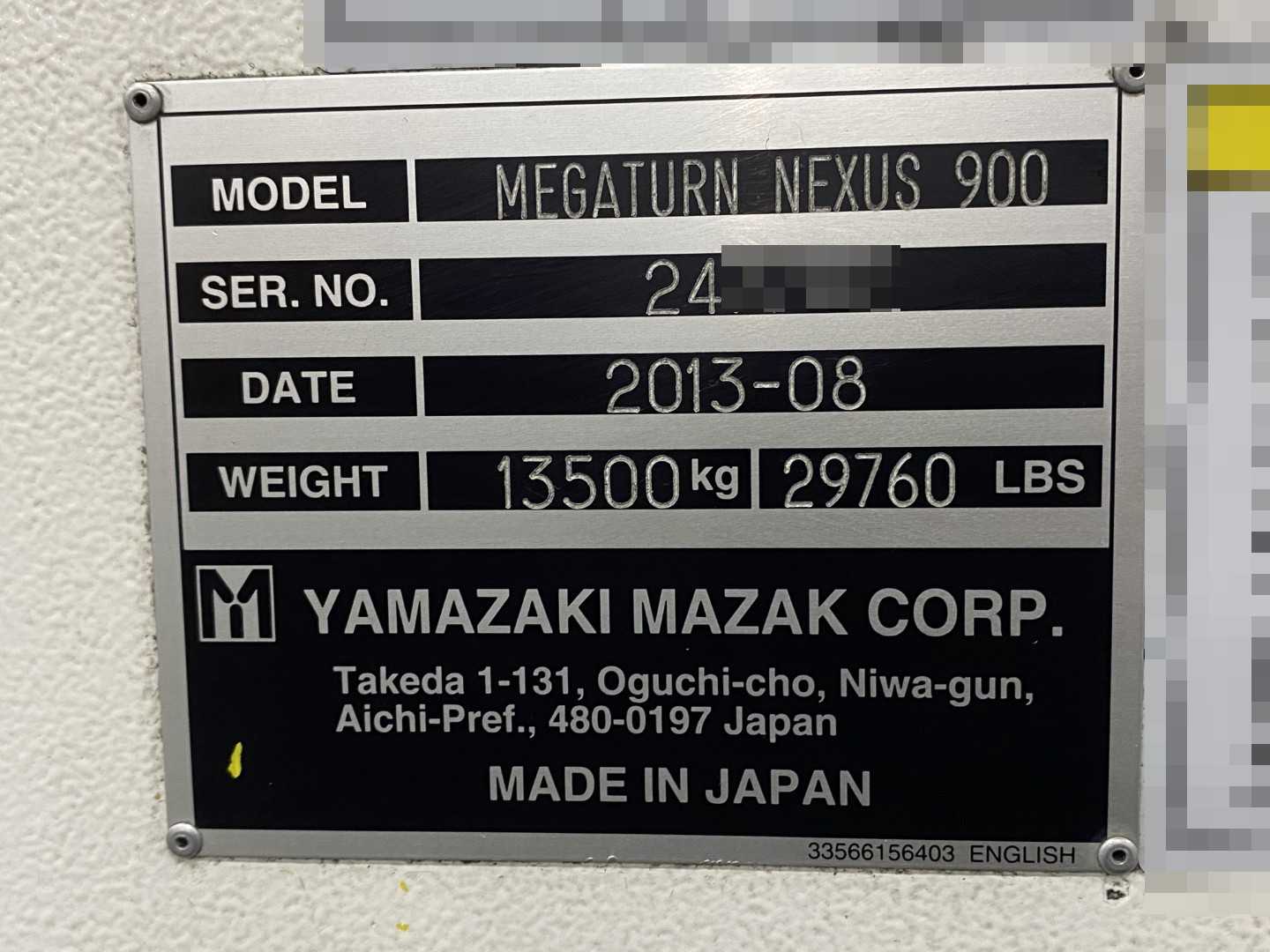 Mazak Megaturn Nexus 900 CNC Vertical Turning Center Mazatrol Matrix Nexus 2, 7,875 Hours, 2013, 36" Chuck, 36.2" Swing, 36.2" Turn Dia, 31.5" Turn Height, 12-Station Turret