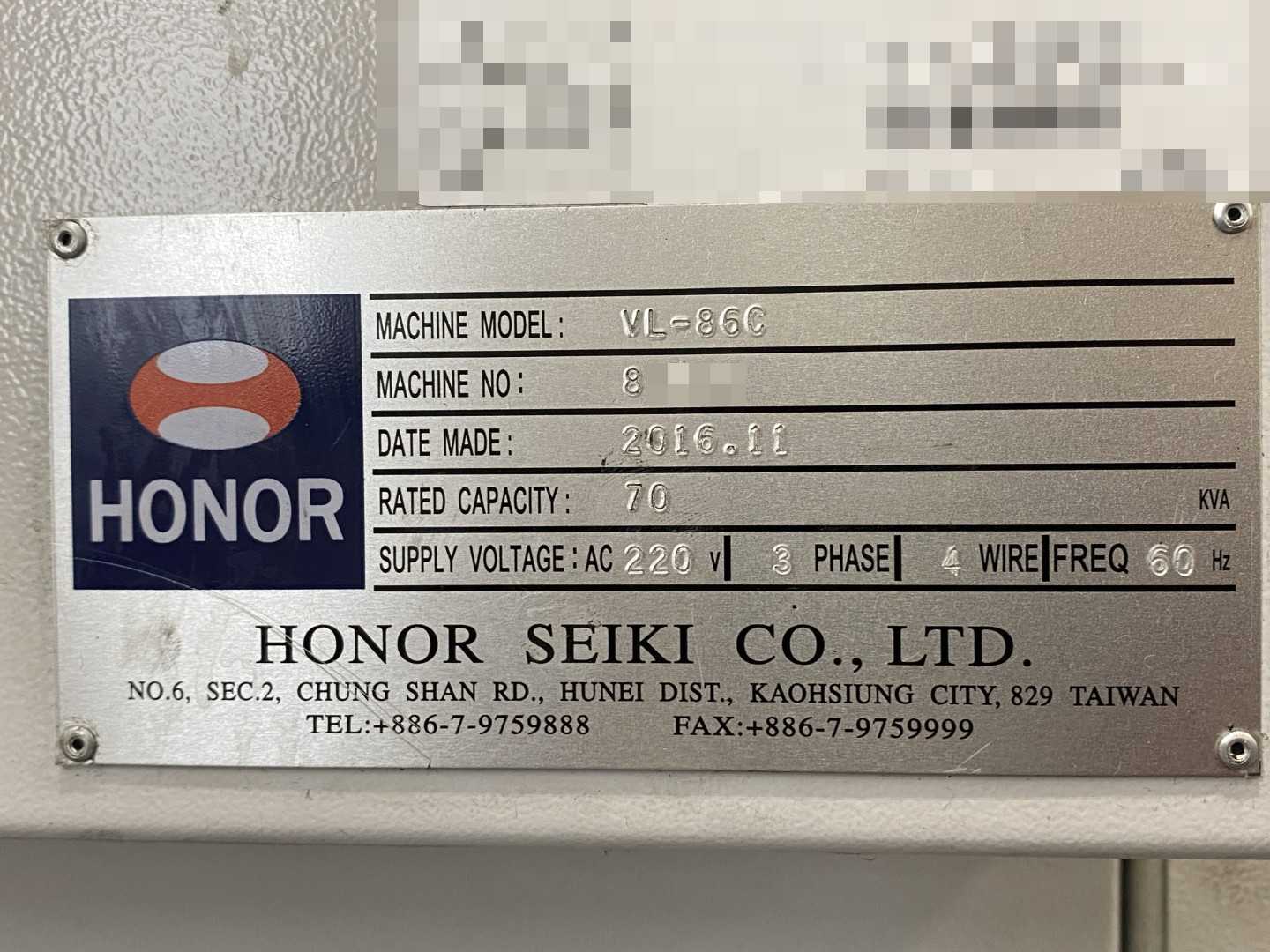 Honor Seiki VL-86C CNC Vertical Turning Center Fanuc 0i-TF, 17,408 Hours, 2016, 32" Table, 37.4" Swing, 37.4" Turn Dia, 25.5" Turn Height, 12-Station Turret, 70 kVA