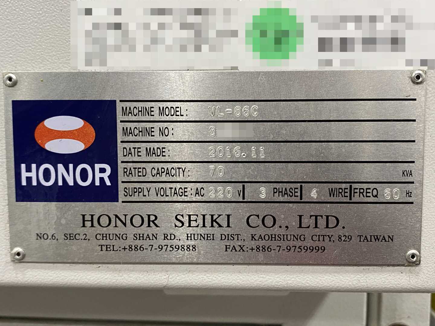 Honor Seiki VL-86C CNC Vertical Turning Center Fanuc 0i-TF, 17,362 Hours, 2016, 32" Table, 37.4" Swing, 37.4" Turn Dia, 25.5" Turn Height, 12-Station Turret, 70 kVA
