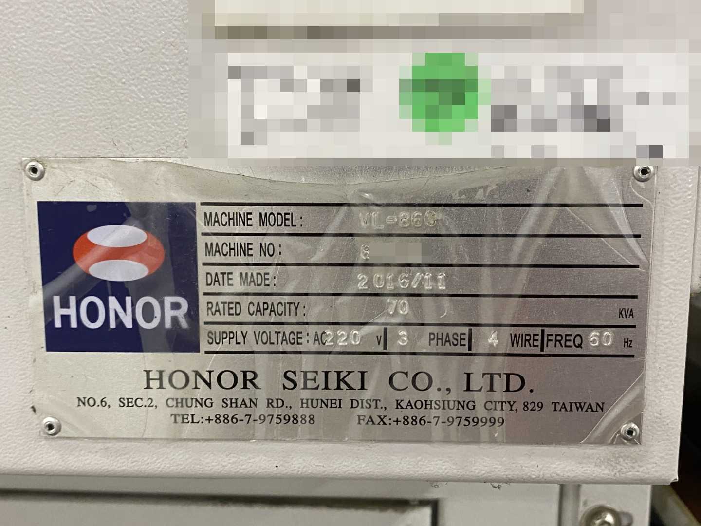 Honor Seiki VL-86C CNC Vertical Turning Center Fanuc 0i-TF, 18,516 Hours, 2016, 32" Table, 37.4" Swing, 37.4" Turn Dia, 25.5" Turn Height, 12-Station Turret, 70 kVA