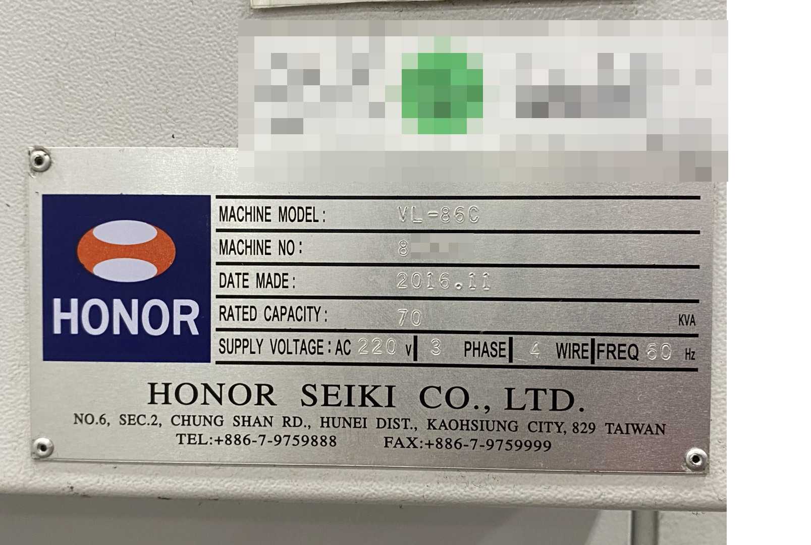 Honor Seiki VL-86C CNC Vertical Turning Center Fanuc 0i-TF, 17,025 Hours, 2016, 32" Table, 37.4" Swing, 37.4" Turn Dia, 25.5" Turn Height, 12-Station Turret, 70 kVA
