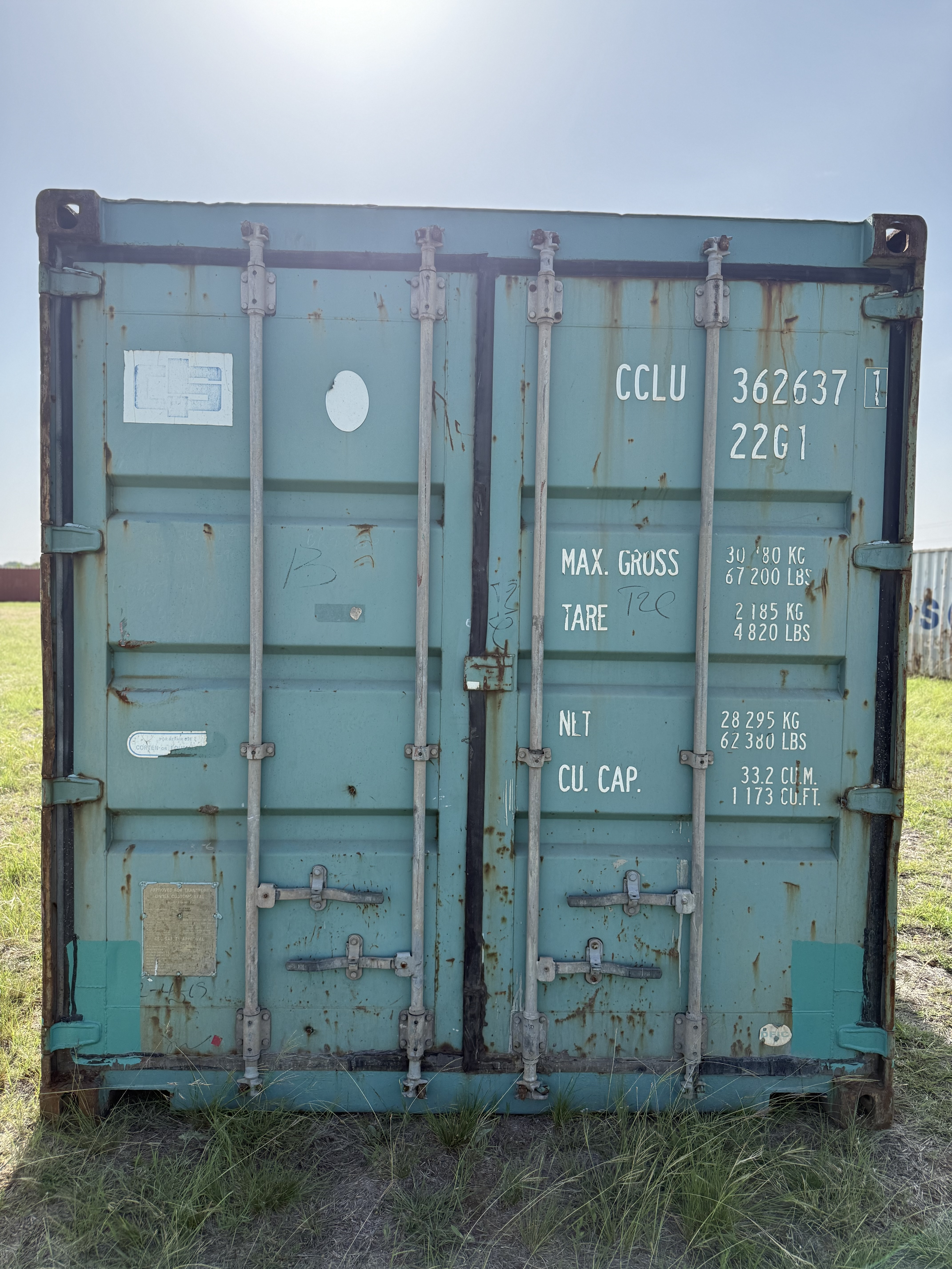 20' Container USED WIND & WEATHER TIGHT GRADE C, STANDARD 8'6" TALL 2 DOOR pockets std handles