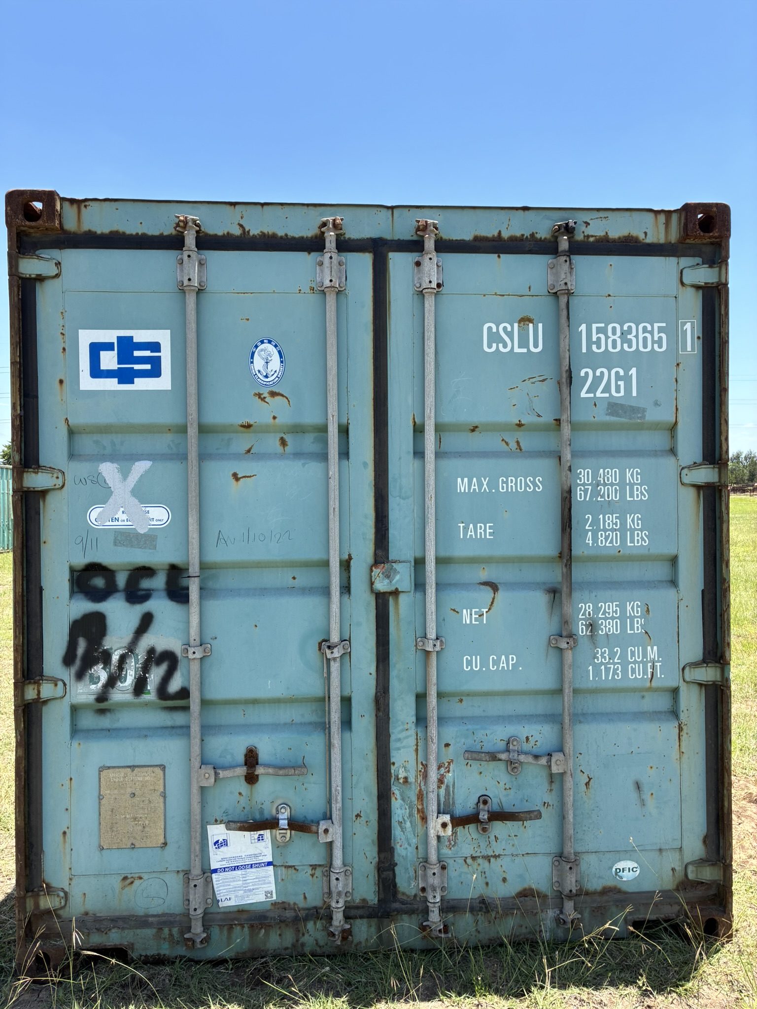 20' Container USED WIND & WEATHER TIGHT GRADE B, STANDARD 8'6" TALL 2 DOOR pockets std handles