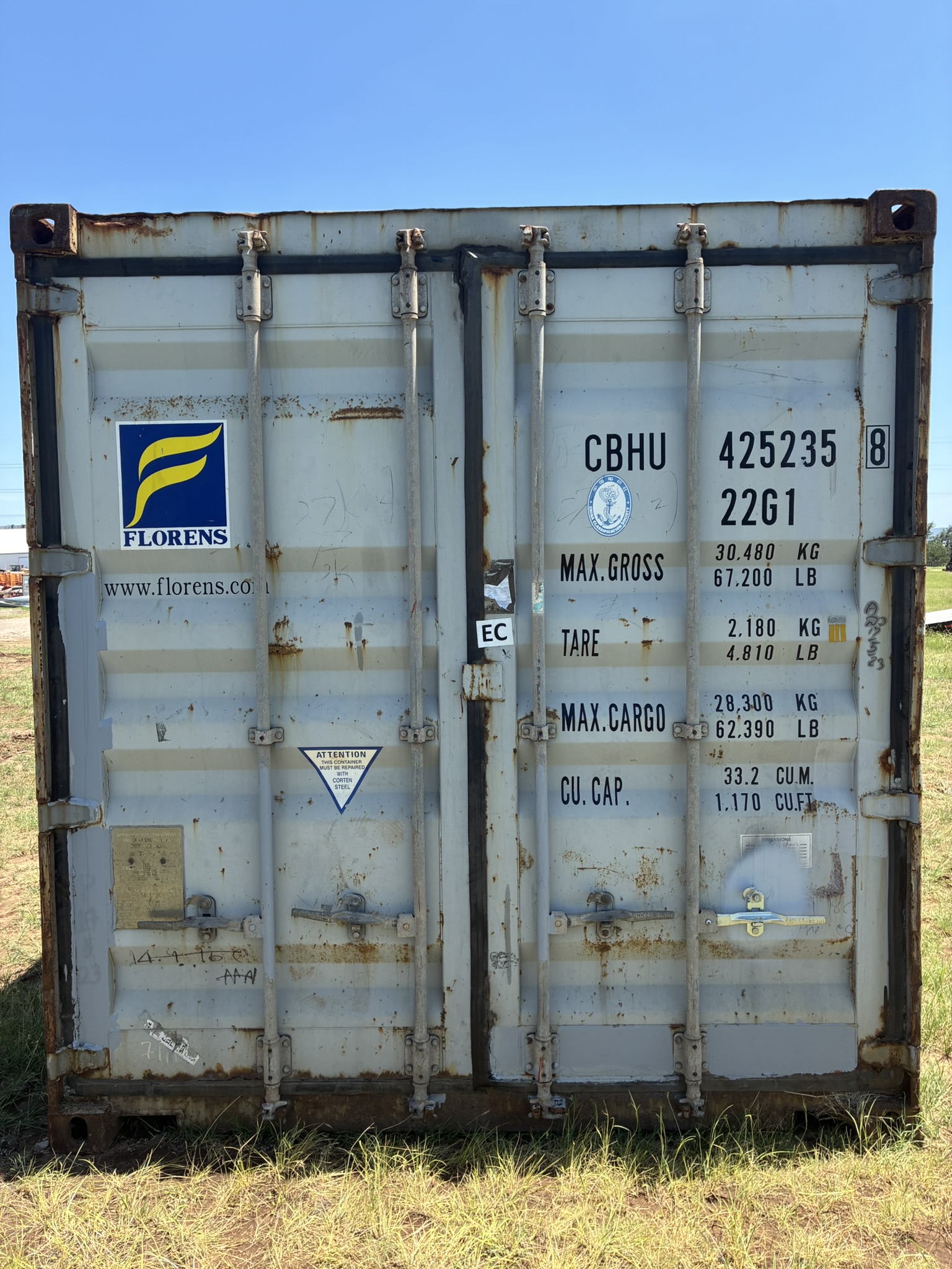 20' Container USED WIND & WEATHER TIGHT GRADE B, STANDARD 8'6" TALL 2 DOOR pockets std handles