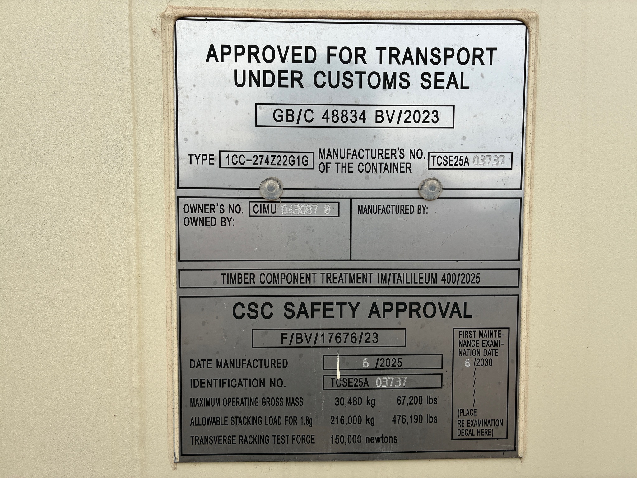 2025 - 1 trip 20ft Container TAN w/dents - 043087