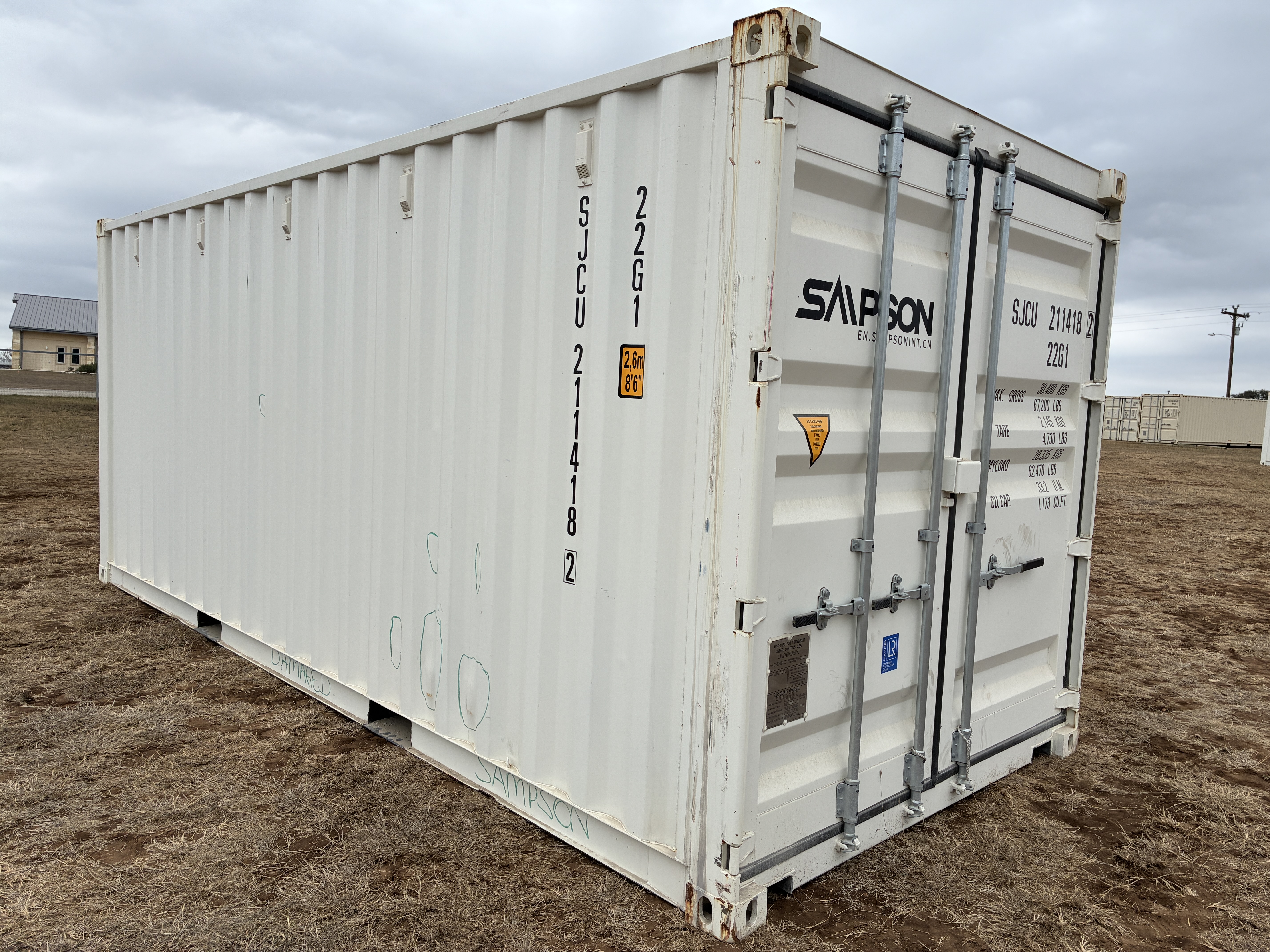 2025 - 20' STD Container NEW, STANDARD 8'6" TALL, WHITE, 2 DOOR, Lock box & STD Handle- MINOR DAMAGE - 211418