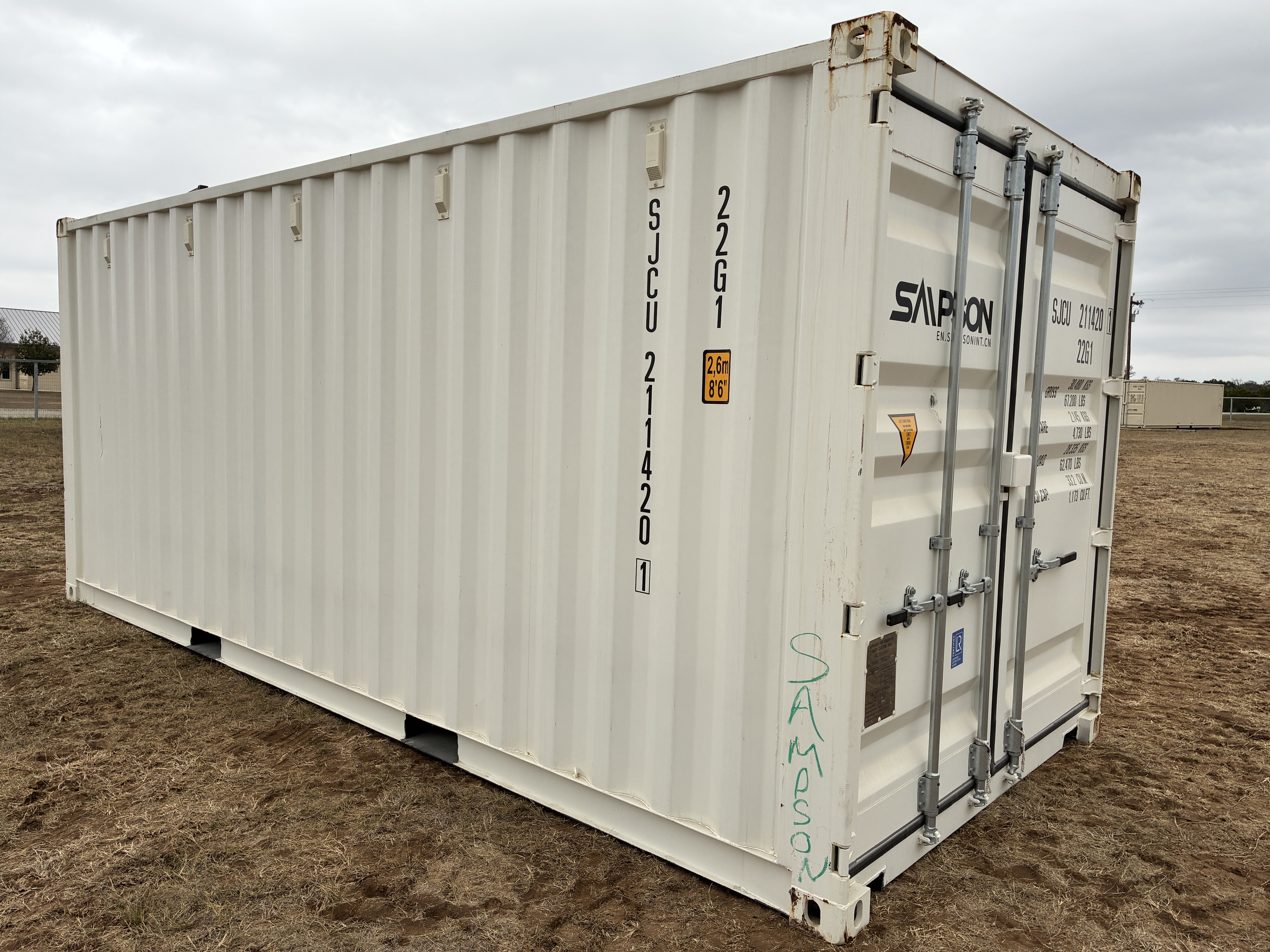 2025 - 20' Container NEW, STANDARD 8'6" TALL, WHITE, 2 DOOR, Lock box & STD Handle - 211420