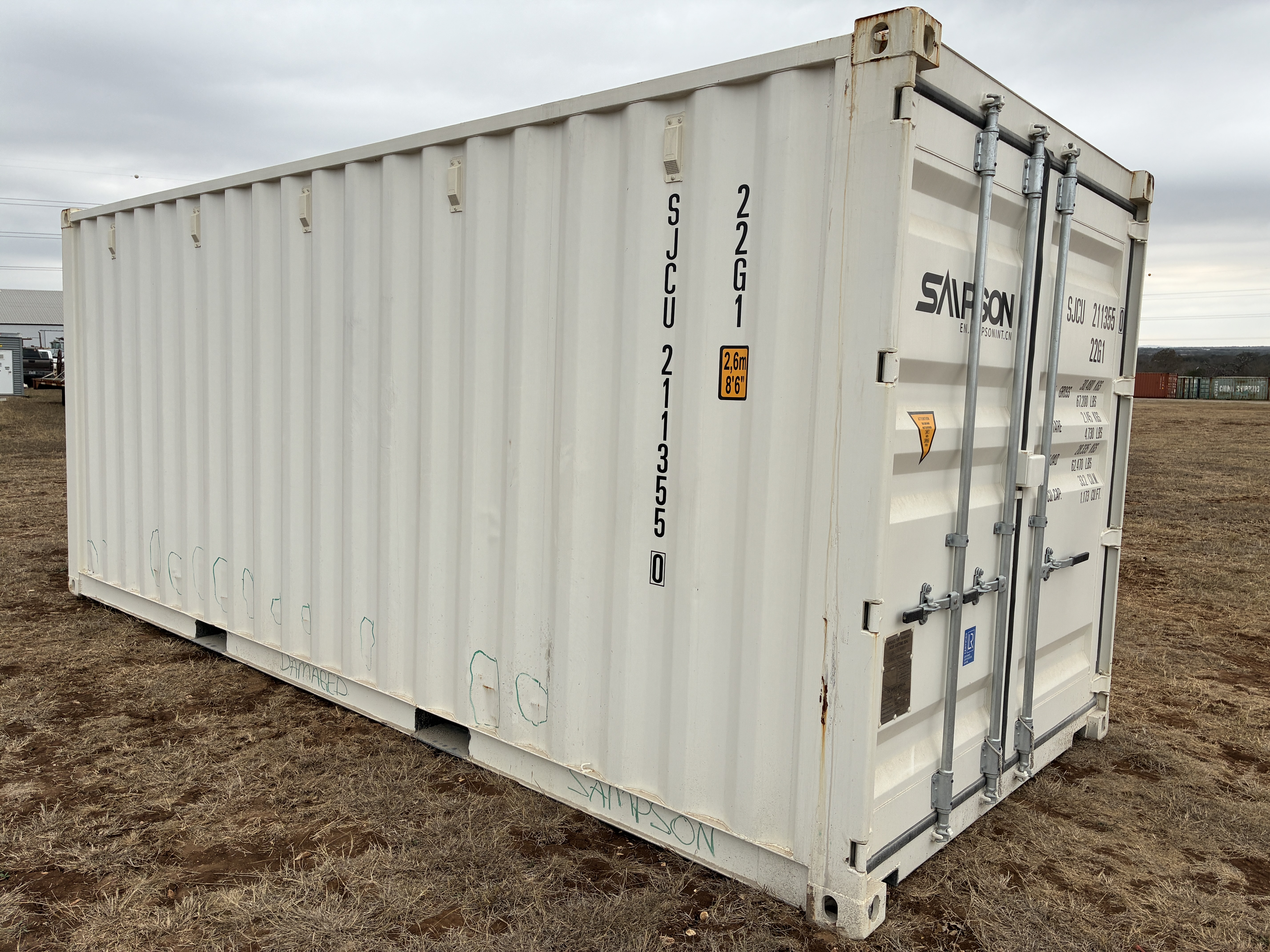 2025 - 20' Container NEW, STANDARD 8'6" TALL, WHITE, 2 DOOR, Lock box & STD Handle -  211355