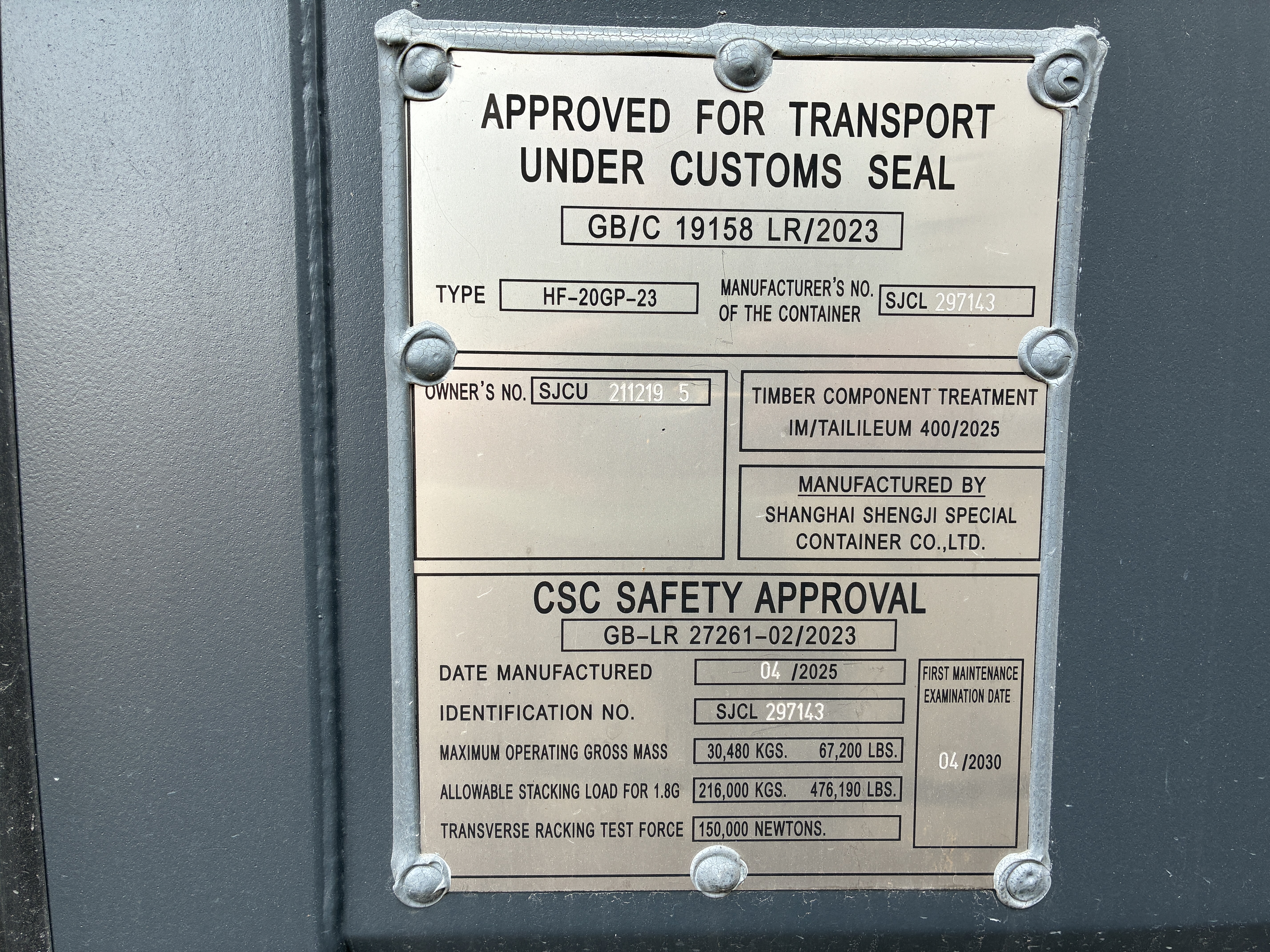 2025 - 20' Container NEW, STANDARD 8'6" TALL, DARK GREY, 2 DOOR, Lock box & STD Handle -  211219